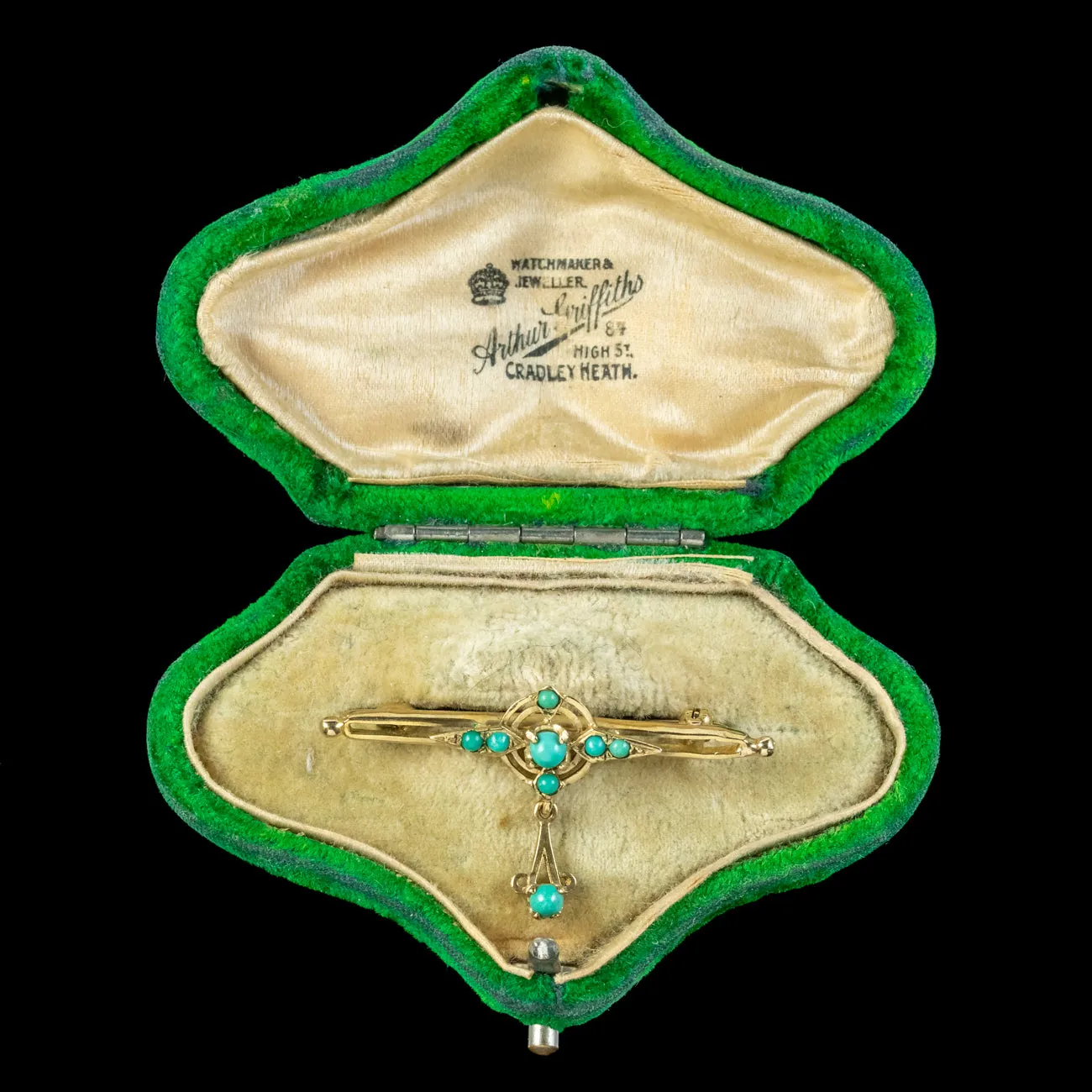 Vintage Turquoise Bar Brooch 9ct Gold With Box