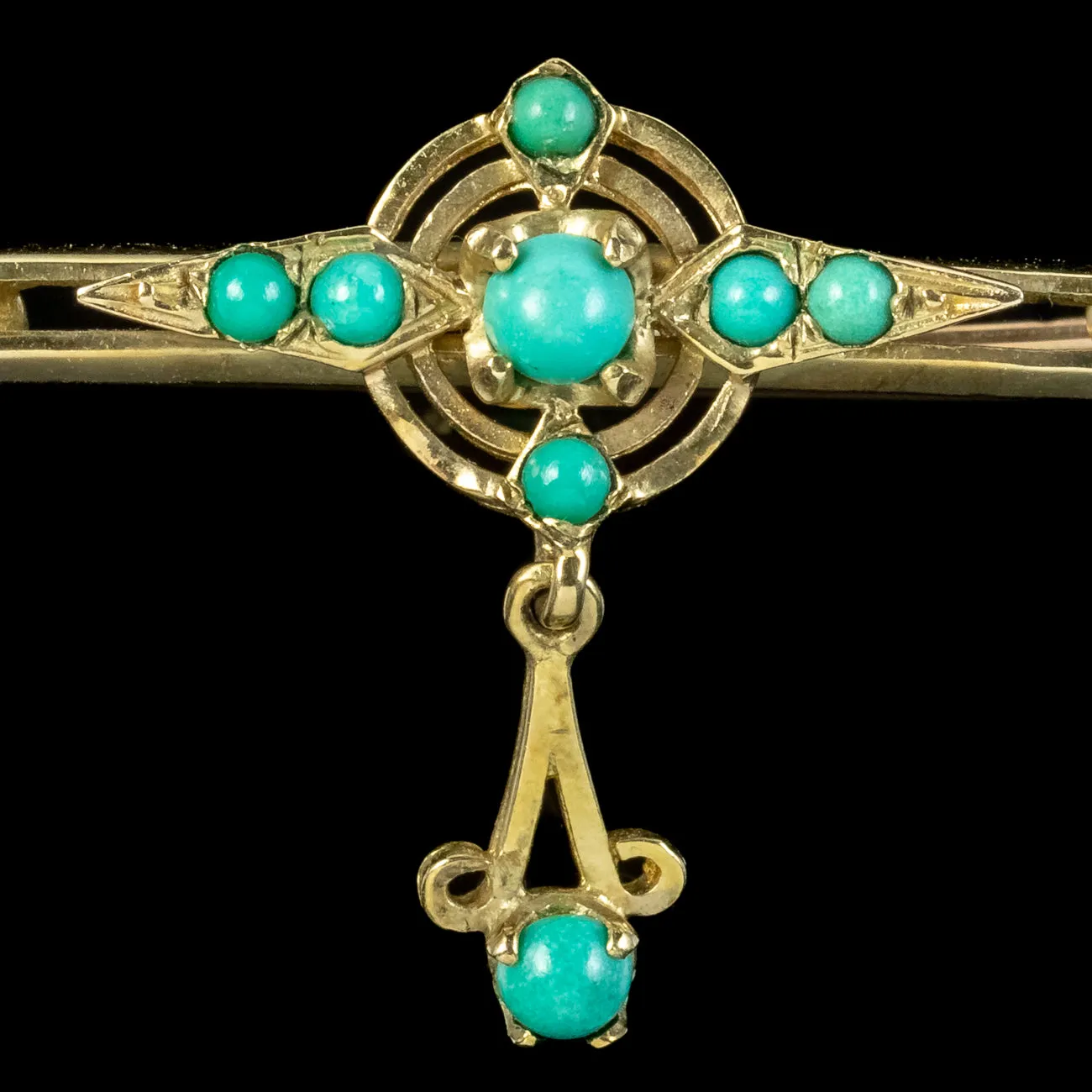 Vintage Turquoise Bar Brooch 9ct Gold With Box