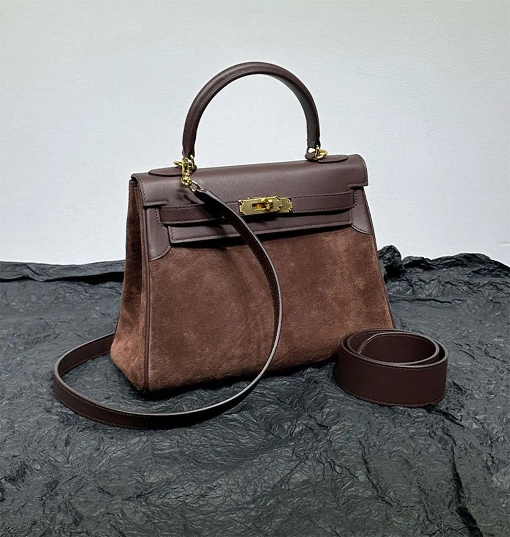 Womens Suede Leather Padlock Tote Bag Brown