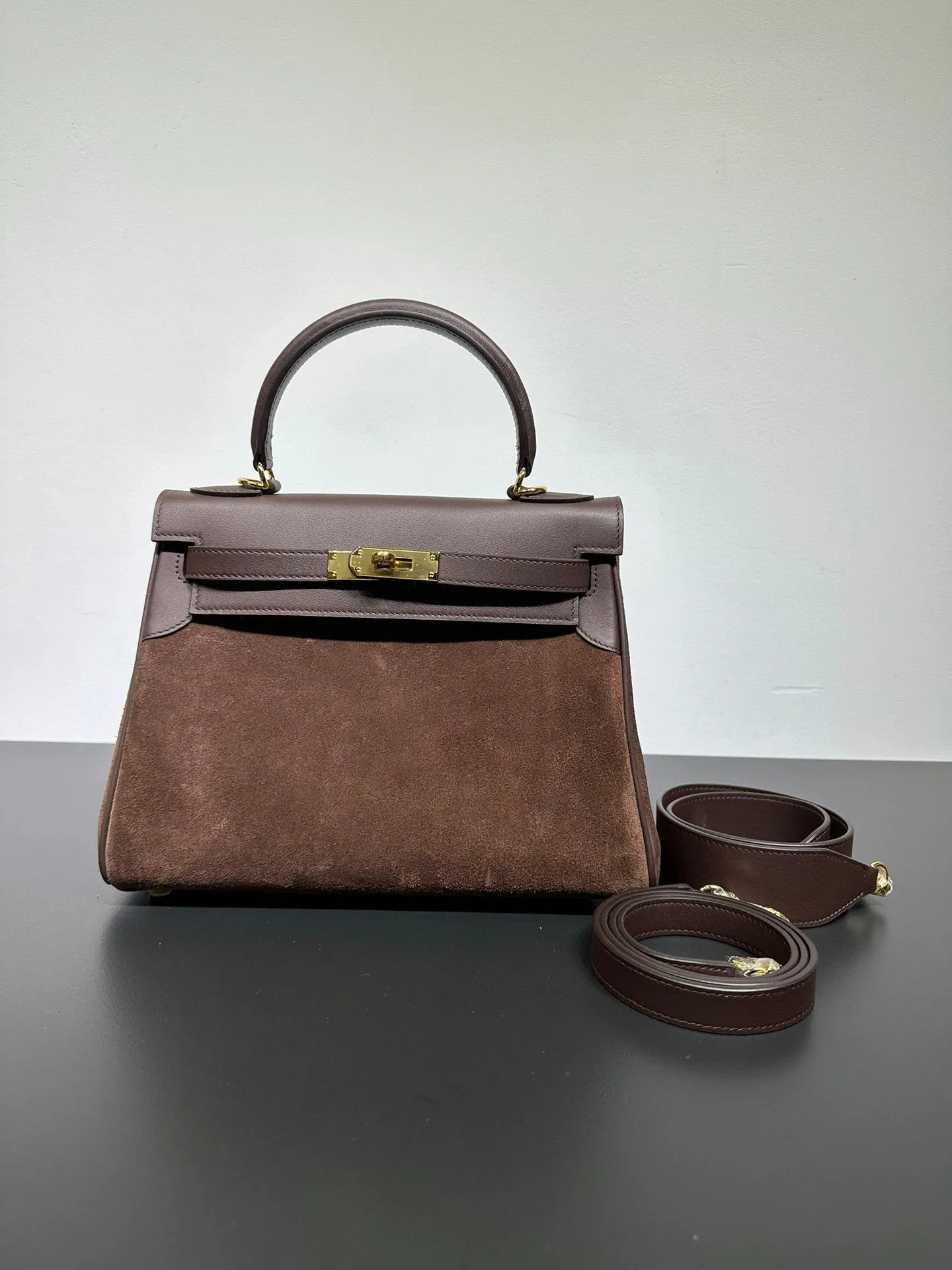 Womens Suede Leather Padlock Tote Bag Brown