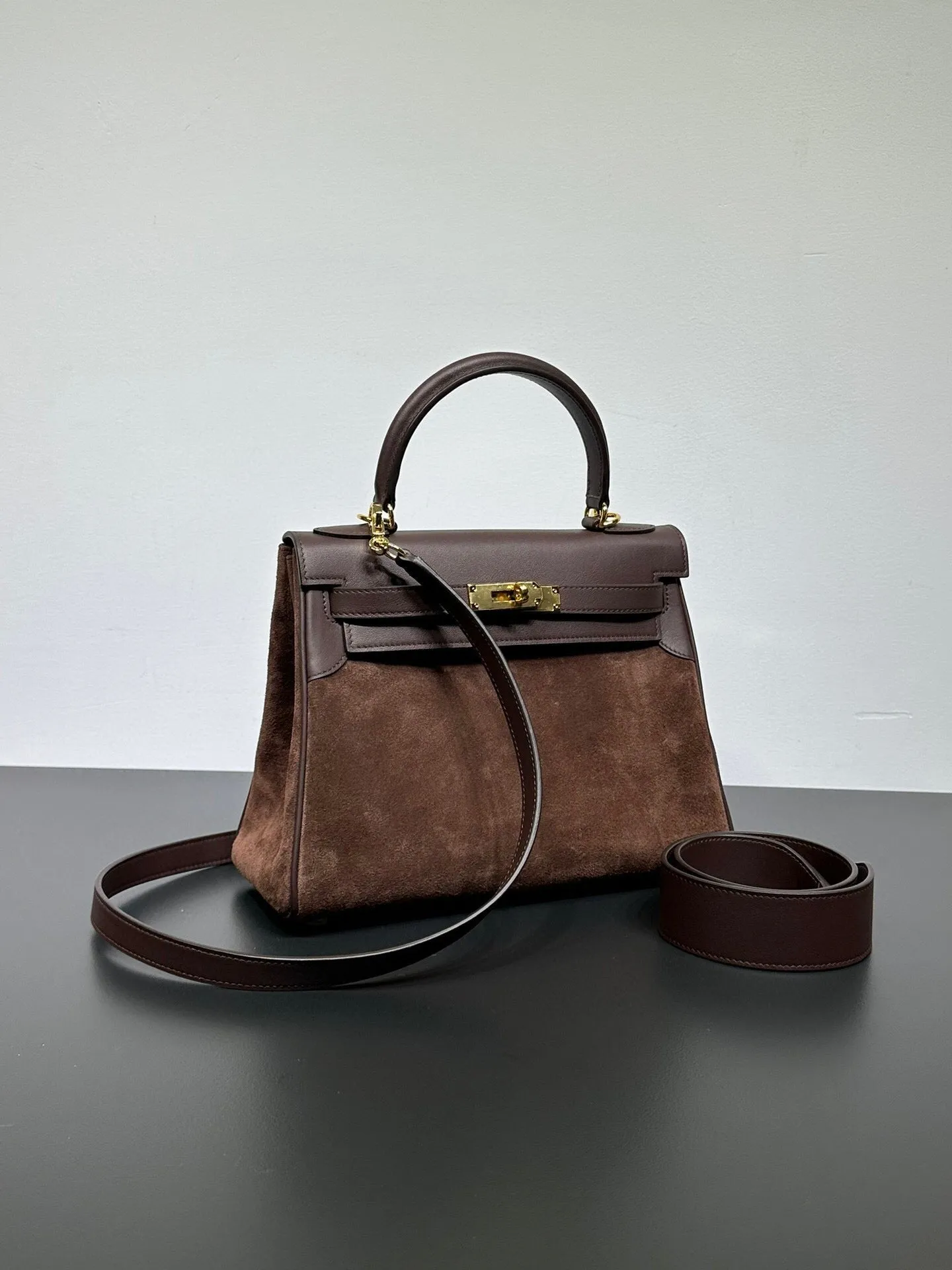 Womens Suede Leather Padlock Tote Bag Brown