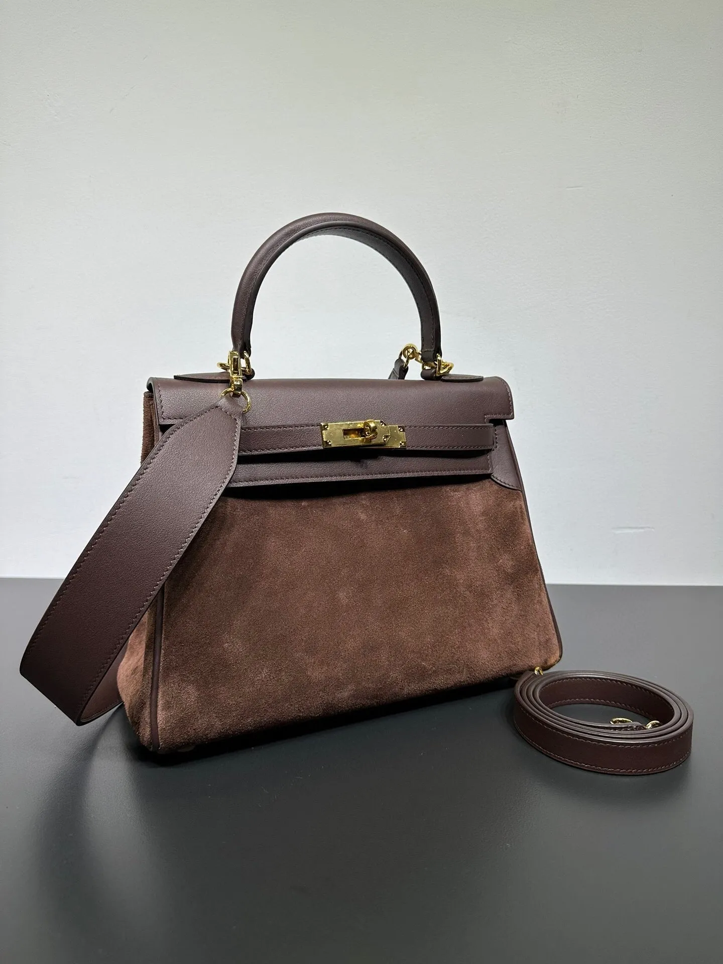 Womens Suede Leather Padlock Tote Bag Brown