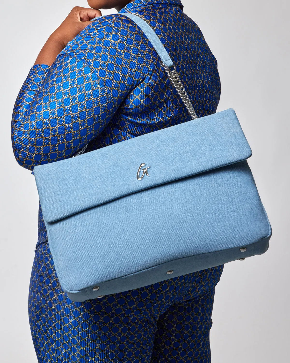 XL DENIM SILVER FLAP BAG